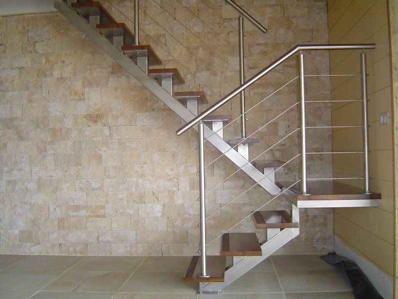 escalier moderne en inox avec marches en bois dans un salon à Lyon