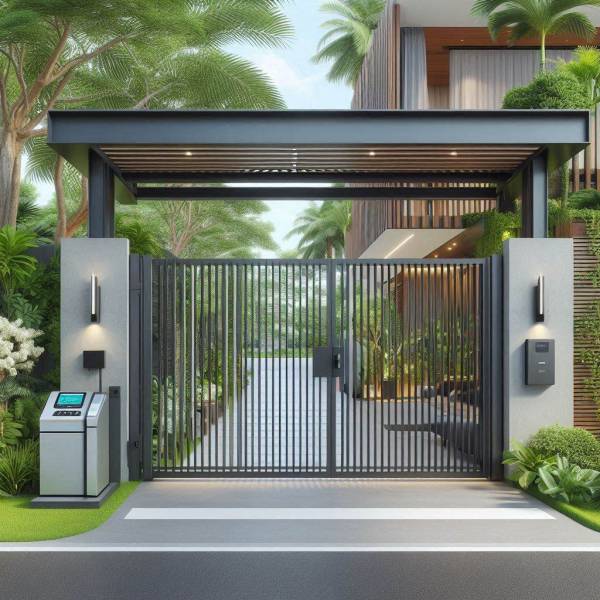 création portail alu battant 2 vantaux 3m motorisation et portillon intégrés sur-mesure